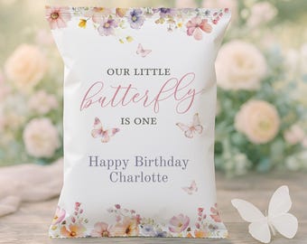 Butterfly Birthday Chip Bags, Butterfly Theme Party Favors Kids, Editable Treat Bag, Girls Custom Loot Bag, Printable Instant Download sb121