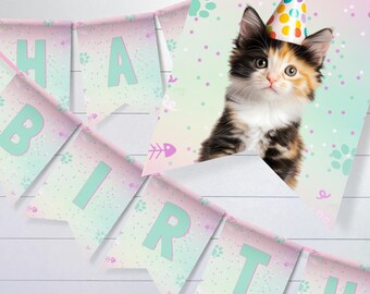 May include: A birthday banner featuring a calico kitten wearing a colorful polka dot party hat. The pennants have a pastel gradient background with mint green letters spelling HAPPY BIRTHDAY, decorated with small paw prints and fish bone icons.