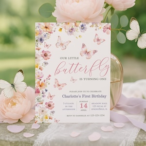 Butterfly First Birthday Invitation, Baby Girl 1st Birthday Editable Invite Template, Butterflies and Flowers Party Printable, sb121