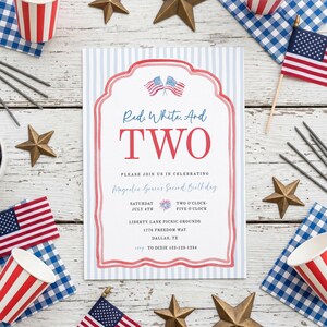 a patriotic event invitation with American flags and stars surrounding it, along with other patriotic decorations.