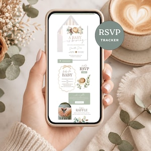 Può includere: Uno schermo di smartphone che mostra un set di inviti digitali per baby shower a tema caffè. Il design presenta il testo A BABY IS BREWING, RSVP, BOOKS FOR BABY e DIAPER RAFFLE, decorato con illustrazioni ad acquerello di tazze ed eucalipto.