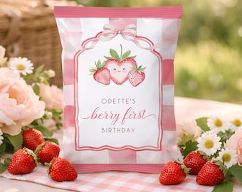 Berry First Birthday Chip Bag, Strawberry First Birthday Snack Bag Cover, Berry Sweet Birthday Party Decor, Printable Party Favor Girl sb113
