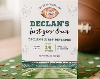 Football Birthday Invitation First Down, Football First Birthday Invite Watercolor, Flag Football 1st Birthday Theme Template, sb157