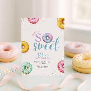 Editable Donut Theme 3rd Birthday Invitation, Three is So Sweet Invite, Girl Birthday Invitation, Editable Template, Instant Download, sb105