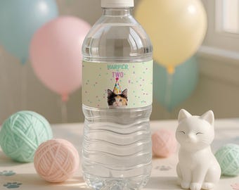 Editable Kitten Party Decoration. Cute Cat Water Bottle Label, Printable Kids Birthday Favors Template, Customizable Instant Download, sb111
