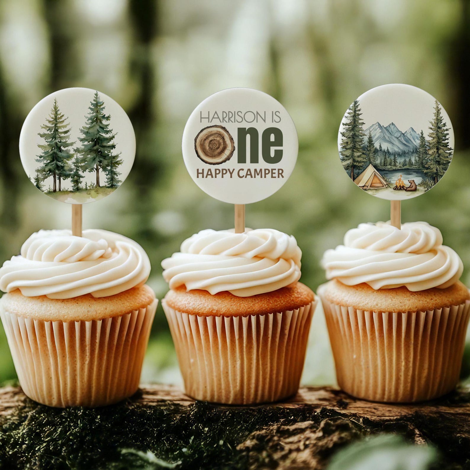 Happy Camper Cupcake Toppers, Camping Birthday Party Decor, Camp Party ...