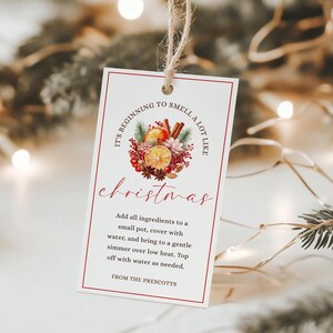 Può includere: Un'etichetta regalo rettangolare bianca con bordo rosso e un laccio di spago. Presenta un'illustrazione ad acquerello di fette d'arancia, bastoncini di cannella e pino, con il testo "IT'S BEGINNING TO SMELL A LOT LIKE christmas" e istruzioni.