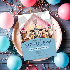 May include: A rectangular party invitation card featuring a pink barn and five farm animals wearing colorful party hats and glasses. The text reads: JOIN US FOR A BARNYARD BASH, LAWTON IS TURNING 4, SATURDAY MAY 9TH, 3:00PM-5:00PM, 123 MAIN ST, BELLEVILLE, RSVP TO RACHEL 123-123-1234.