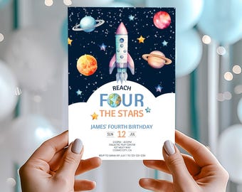 Outer Space Invitation Card Template, Space Theme 4th Birthday Party Invitation, Reach Four the Stars, Editable Digital Download, sb128