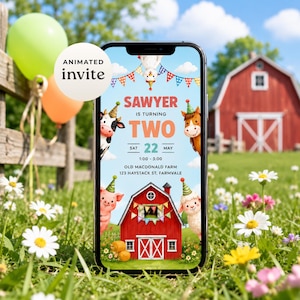 May include: A smartphone displaying a digital birthday invitation with a farm theme. The screen shows a red barn, a cow, a horse, a pig, and a sheep wearing party hats, with text reading Sawyer is turning two, Saturday 22 May, 1:00-3:00.