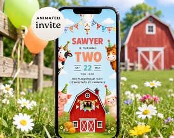 Farm 2nd Birthday Invitation Video, Farm Animal Party Invite Text, Animated Barnyard Theme, Oink Cluck Baa Moo, Instant Download, sb184
