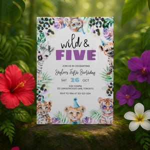 Wild And Five Birthday Invitation, Go Wild 5th Birthday Safari Theme, Jungle 5th Birthday Party Invite Template, Instant Download, sb148