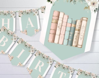 May include: A decorative banner featuring a series of pennants in a soft sage green colour. Each pennant displays a large white letter spelling out a message, accented with illustrations of vintage books and clusters of white and pink flowers.