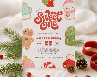 Sweet One Gingerbread Cookie Birthday Party Invitation, Christmas Cookie 1st Birthday Invite, Editable Holiday Xmas Party Template, sb160