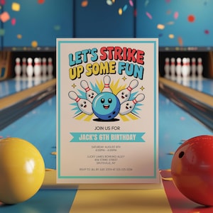Bowling Invitation For Boys, Bowling Party Invite 6th Birthday, Kids Boy Bowling Party Invite Digital, Six Year Old Kid Birthday, sb131