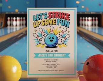 Bowling Invitation For Boys, Bowling Party Invite 6th Birthday, Kids Boy Bowling Party Invite Digital, Six Year Old Kid Birthday, sb131
