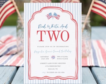 Red White And Two Birthday Invitation Girl 4th Of July 2nd Birthday Invite, Vintage All American Girl Theme, Editable Digital Template sb201