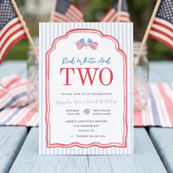 Red White And Two Birthday Invitation Girl 4th Of July 2nd Birthday Invite, Vintage All American Girl Theme, Editable Digital Template sb201