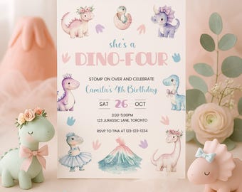 Dinosaur Girl Birthday Invitation Four, Dinosaur Invite 4 Year Old, Girly Dinosaur Invitation, Pastel Dinosaur 4th Birthday Invite, sb149