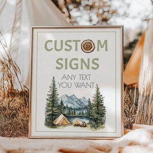 Camp Table Signs, Camping Signs Printable, One Happy Camper Birthday Decor, Editable Custom Forest Sign Template, Instant Download, sb110