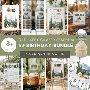 May include: A collection of camping-themed birthday party decorations. The bundle includes signs, water bottle labels, cupcake toppers, and a banner. The designs feature a watercolor illustration of a tent, mountains, and trees. Text includes "One Happy Camper" and "1st Birthday Bundle".