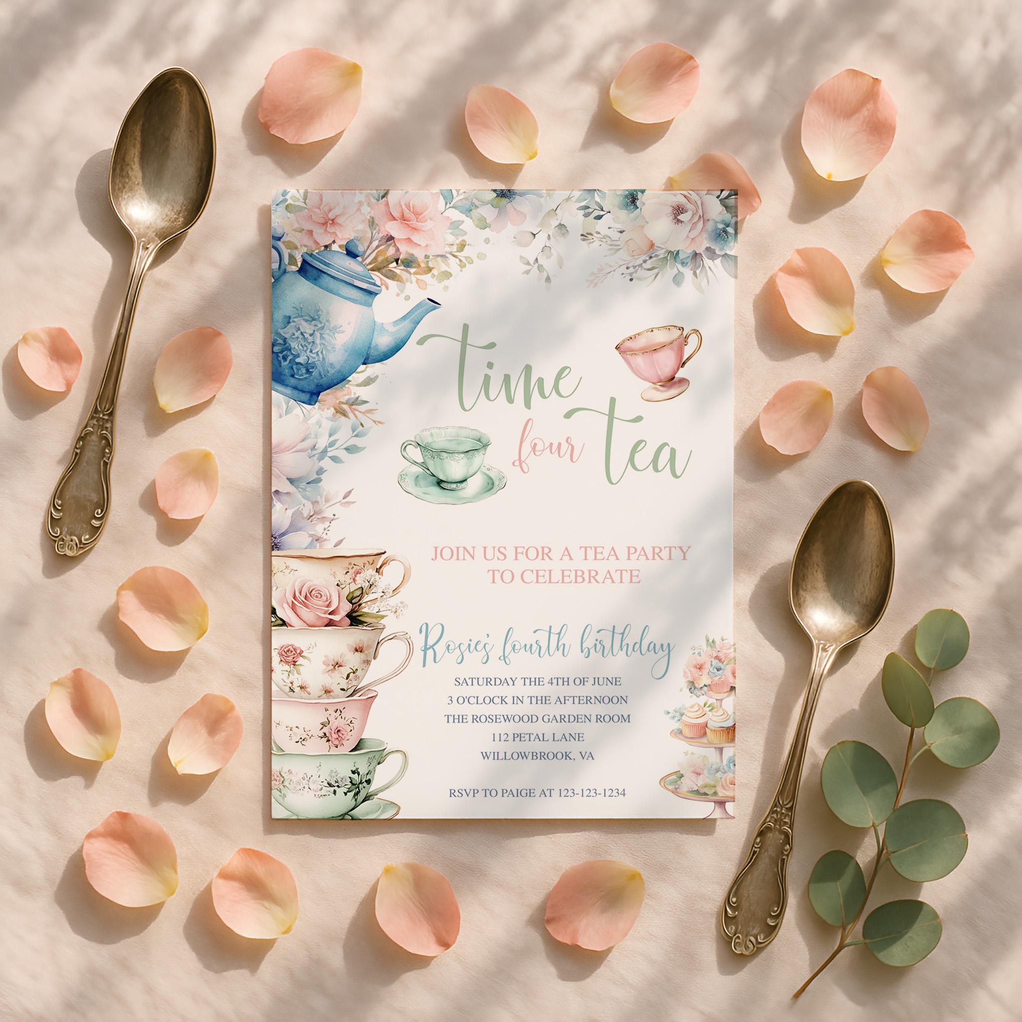 Time Four Tea Invitation 4th Birthday Invitation Tea Party, Time Four Tea Invite, Editable ...