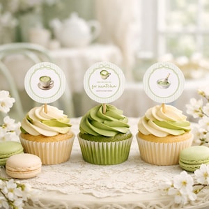 We Love You So Matcha Cupcake Toppers, Matcha Baby Shower Cupcake Picks, Green Tea Coquette Stripe Printable Dessert Decor Template, sb192