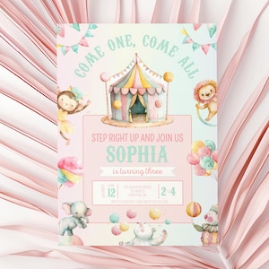 Circus Theme Birthday Invite, Vintage Circus Birthday Invitation, Editable Carnival Party Invite, Pastel Girls, Instant Download, sb119