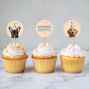 Puppy Cupcake Toppers, Dog Theme Birthday Decorations, Kids Printable Party Supplies, Pawty Personalized Template, Instant Download, sb101