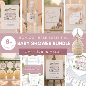 Bonjour Bebe Baby Shower Bundle, Parisian Cafe Baby Shower Decorations Printable, French Cafe Decor Set, Paris Theme Templates, sb167