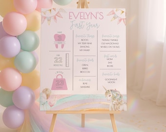 May include: A milestone birthday sign titled Evelyn's First Year, featuring pink and gold bunting, a unicorn illustration, and sections for teeth, height in cm, weight in kg, favourite things, songs, foods, words, books, and nicknames.
