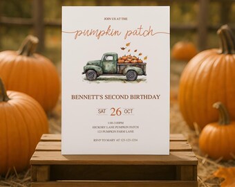 Pumpkin Patch Birthday Party Invite, Pumpkin Truck Invitation, Fall Theme 2nd Birthday Template, Rustic Halloween Instant Download, sb145