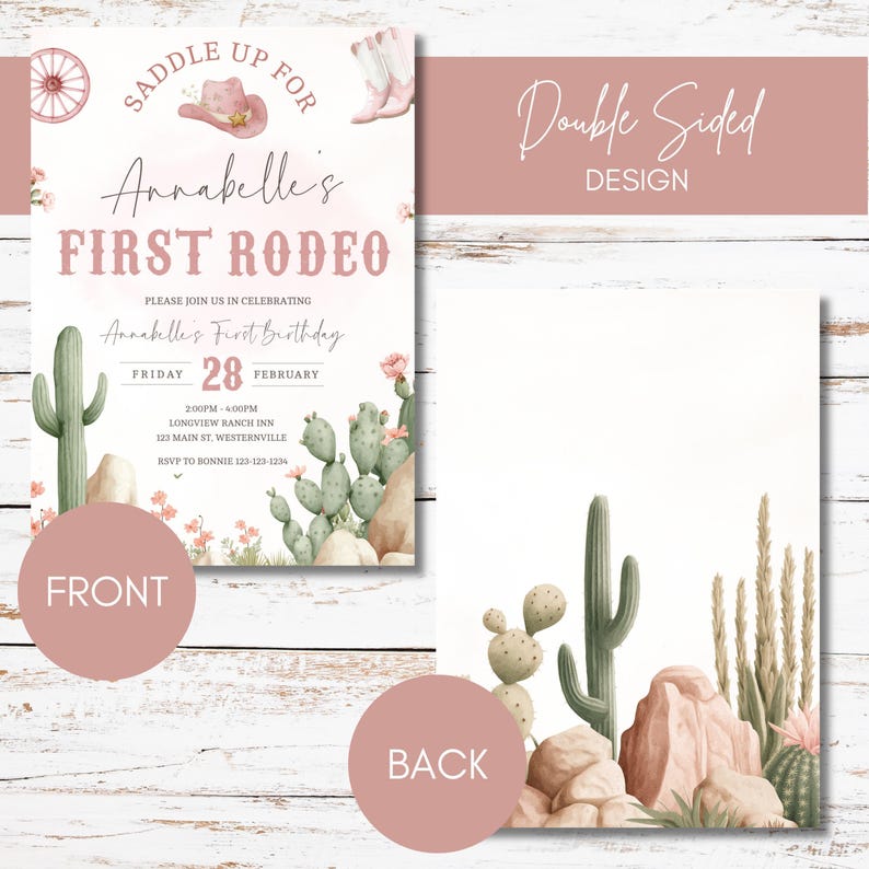 First Rodeo Girl Birthday Invitation, Pink Western Cowgirl Party Invite, Saddle Up First Rodeo Birthday Printable Editable Template, sb169 imagen 5