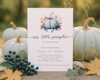 Our Little Pumpkin is Turning One Invitation, Fall First Birthday Invitation Template, Editable Baby Boy Printable, Instant Download, sb142
