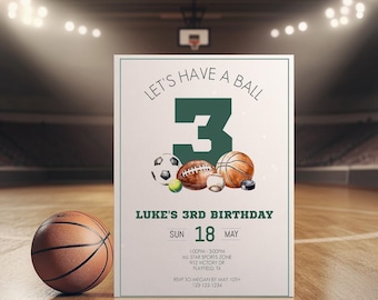 Third Sports Birthday Party Invitation, Printable Sports Theme Invite Boys 3, Three Year Old Birthday Party, Instant Digital Download, sb127