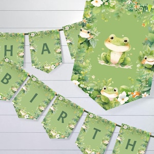 Frog Birthday Custom Banner, Editable Frog Birthday Decor, Cute Frog Kids Party Sign Template, Hop On Over Theme, Instant Download, sb109