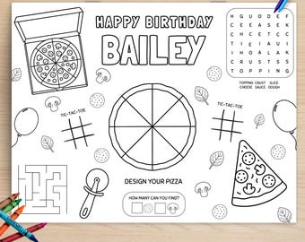 Pizza Birthday Placemat, Italian Pizza Themed Activity Sheets, Printable Pizza Coloring Page, Editable Personalized Party Placemat, sb153