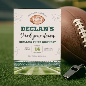 3 Year Old Sports Birthday Invite, Football Birthday Invitation Third Down, Flag Football 3rd Birthday Theme Editable Template, sb157