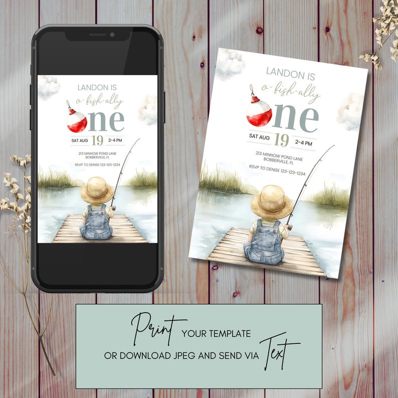Ofishally One Digital Birthday Invite Download, Fishing Themed Birthday Invitation, Baby Boy First Birthday Template, Instant Download sb130 imagen 6