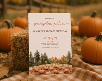 Może przedstawiać: Prostokątna karta zaproszenia z białym tłem zawierająca tekst JOIN US AT THE pumpkin patch BENNETT'S SECOND BIRTHDAY SAT 26 OCT 1:00-3:00PM HICKORY LANE PUMPKIN PATCH 123 PUMPKIN FARM LANE RSVP TO MARY AT 123-123-1234.