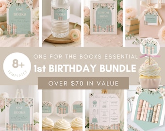 May include: A digital party decoration bundle featuring a book-themed design with sage green arches, floral accents, and stacked books. Includes templates for signs, water bottle labels, cupcake toppers, favor tags, and milestone boards.