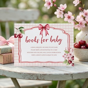 Cherry On Top Books For Baby Card, Pink Coquette Gingham Cherry Baby Shower Book Request Insert, Sweet Cherry Shower Template, sb187