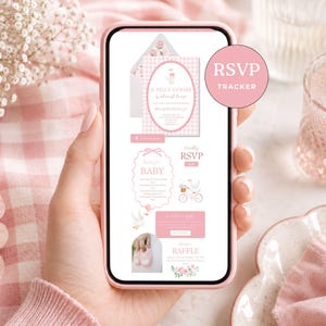 May include: A smartphone screen displaying a digital baby shower invitation suite with a pink gingham background. The design features a goose illustration, RSVP tracker, baby registry details, and a raffle section with floral and bicycle graphics.