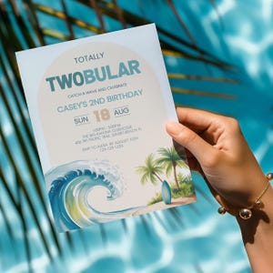 Surf Board Birthday Invite, Totally Two-bular Surf Theme Invite, Ocean 2nd Birthday Digital Invitation, Beach Template Printable sb137
