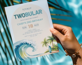 Surf Board Birthday Invite, Totally Two-bular Surf Theme Invite, Ocean 2nd Birthday Digital Invitation, Beach Template Printable sb137