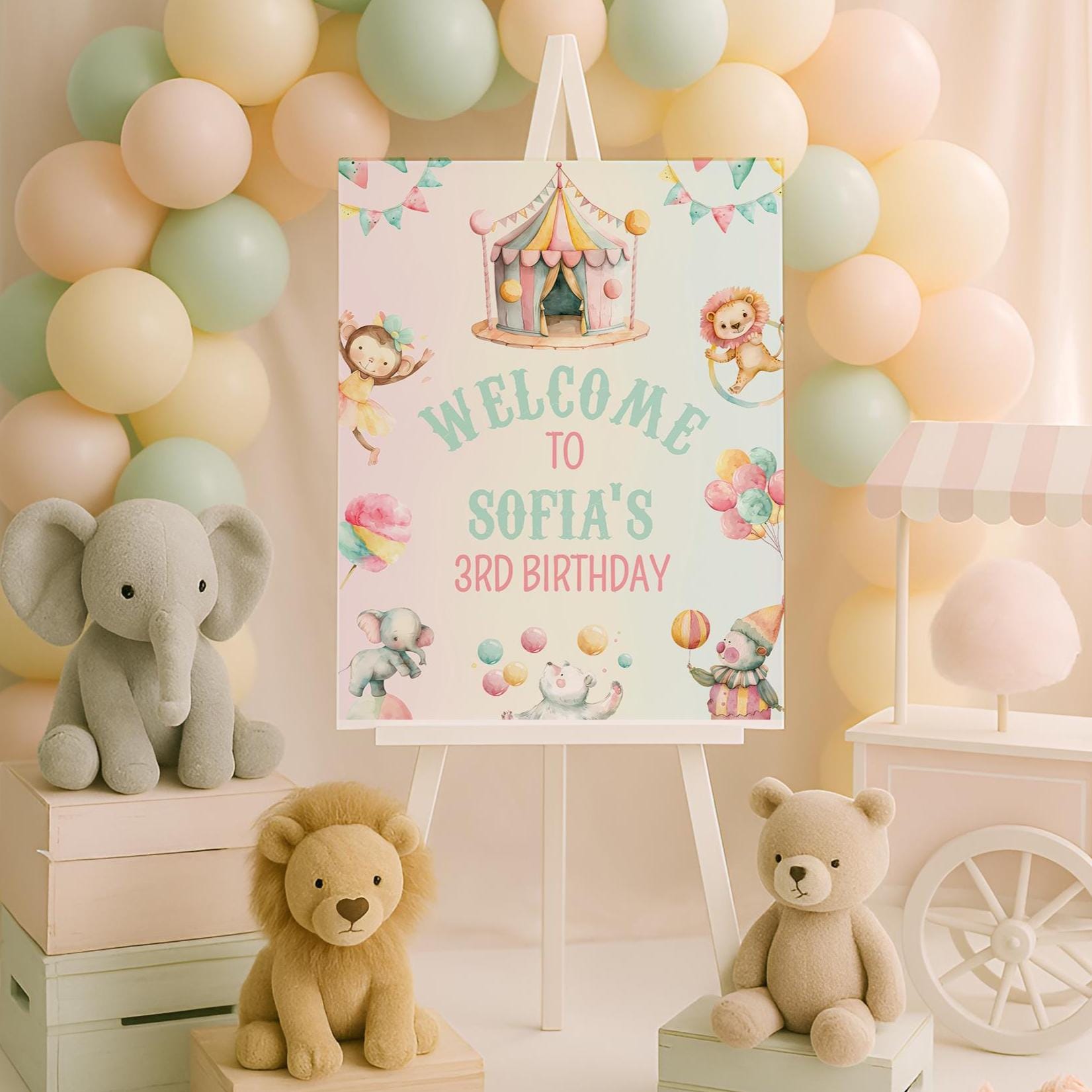 Pastel Circus Welcome Sign, Circus Theme Birthday Sign Template Downloads, Circus Theme Party Sign, Editable Template Instant Download sb119