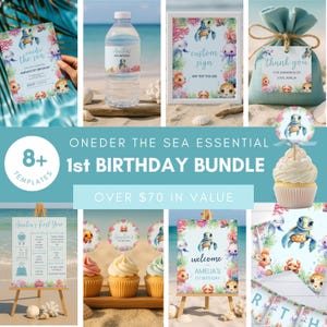 May include: A collection of birthday party templates featuring watercolor sea creatures including a turtle, crab, and octopus. Items include invitations, water bottle labels, signage, favor tags, cupcake toppers, and milestone boards with ocean themes.