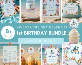 May include: A collection of birthday party templates featuring watercolor sea creatures including a turtle, crab, and octopus. Items include invitations, water bottle labels, signage, favor tags, cupcake toppers, and milestone boards with ocean themes.