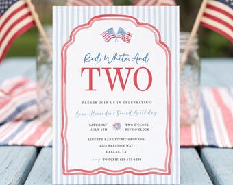 Red White And Two Birthday Invitation Boy, 4th Of July 2nd Birthday Invite, Vintage All American Boy Theme, Editable Digital Template sb201
