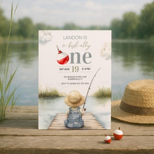 Ofishally One Digital Birthday Invite Download, Fishing Themed Birthday Invitation, Baby Boy First Birthday Template, Instant Download sb130 imagen 1